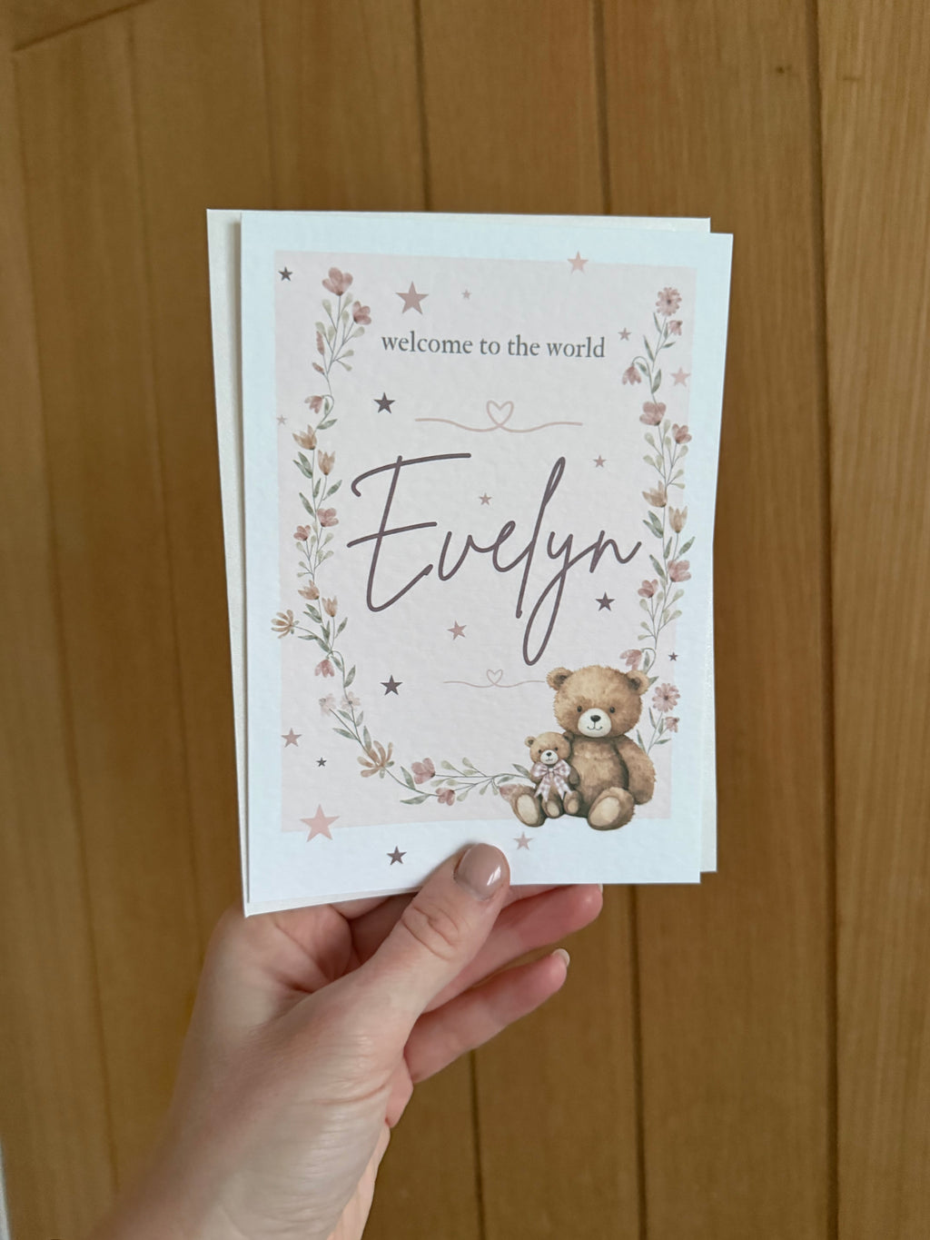 Personalised new baby card & Embroidered drawstring bag