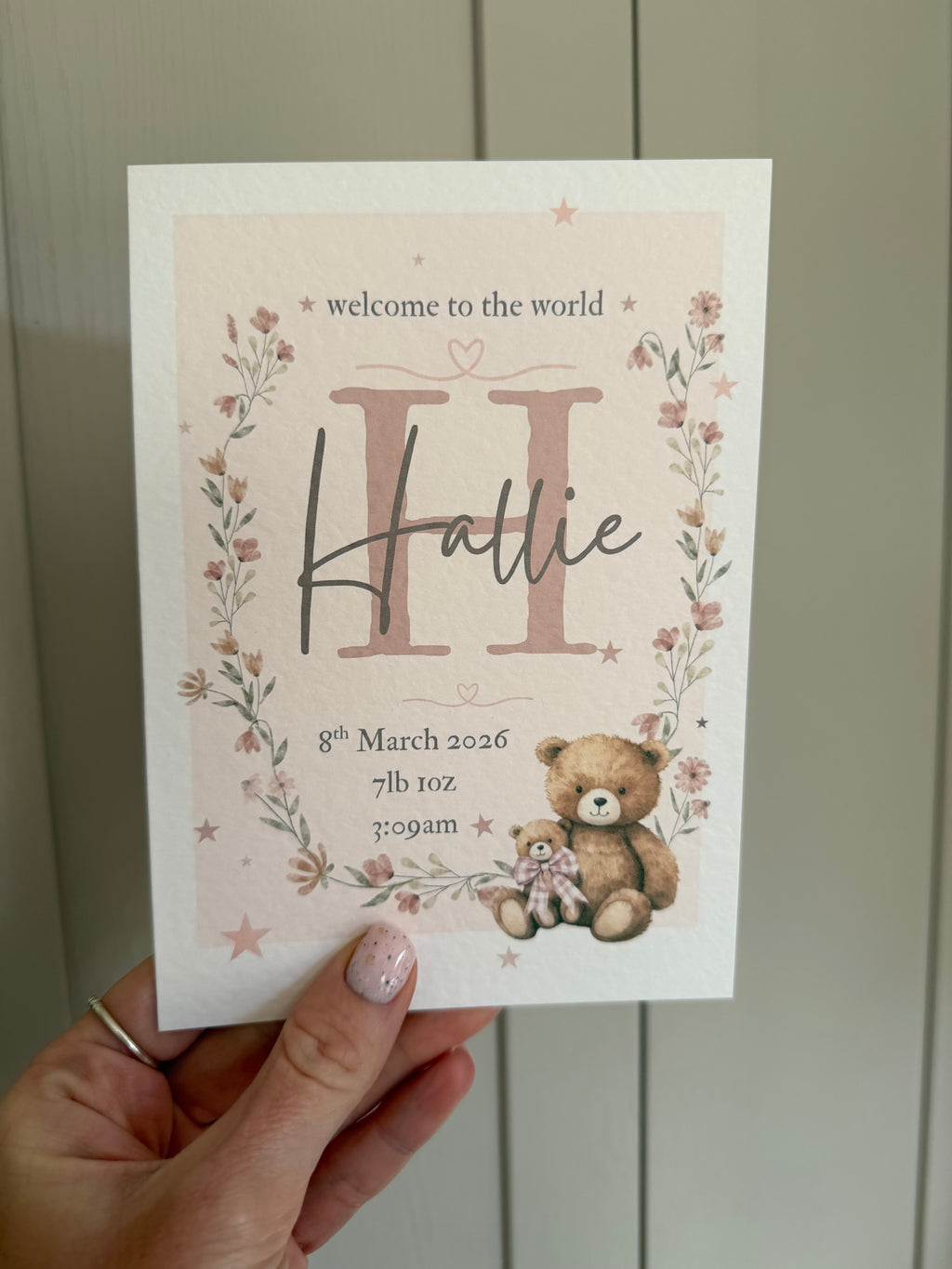 Personalised new baby girl birth details card