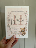 Personalised new baby girl birth details card