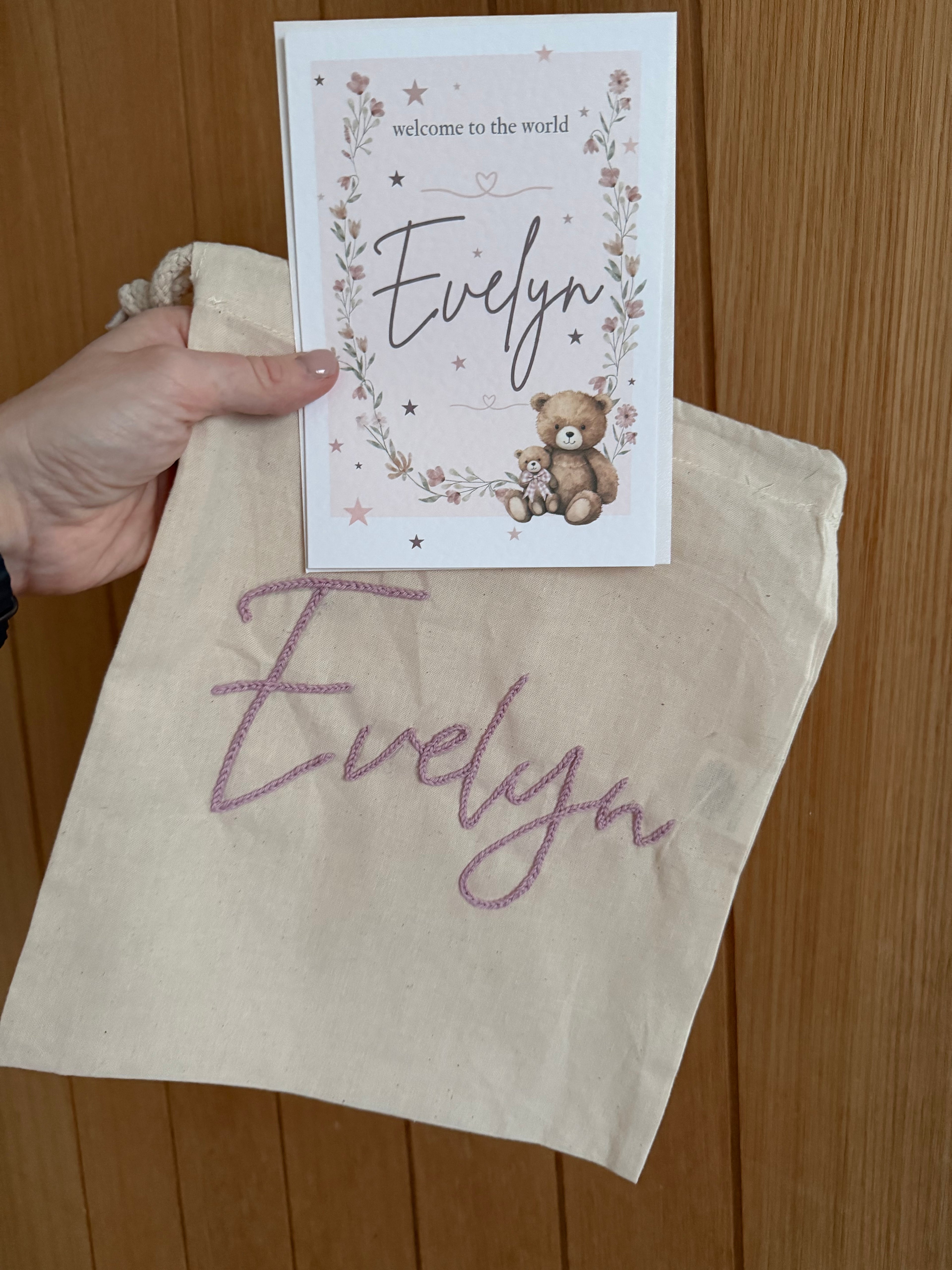 Personalised new baby card & Embroidered drawstring bag
