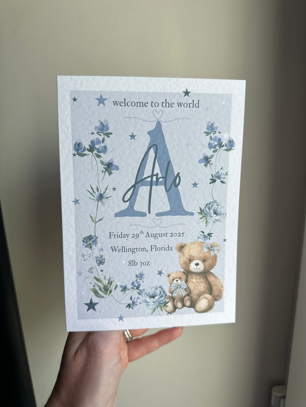 Personalised new baby boy birth details card