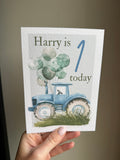 Blue Tractor birthday personalised card