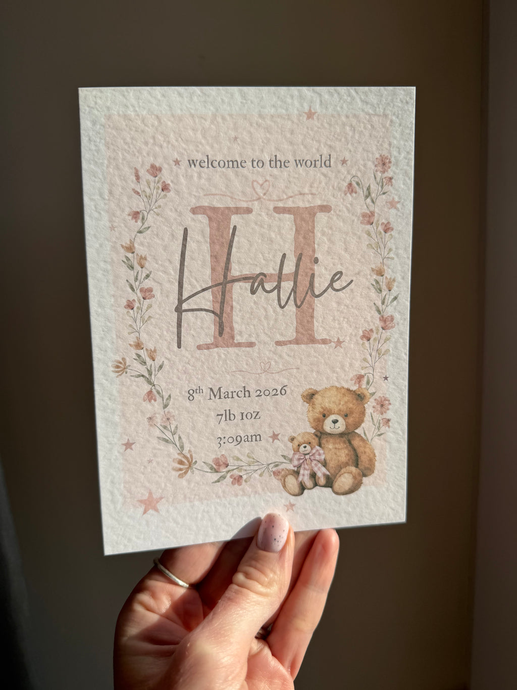 Personalised new baby girl birth details card