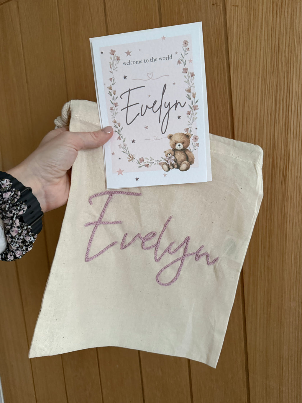 Personalised new baby card & Embroidered drawstring bag
