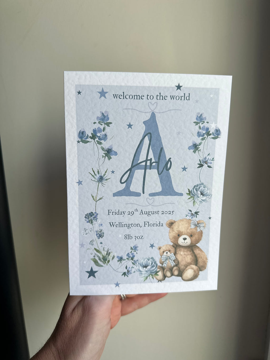 Personalised new baby boy birth details card