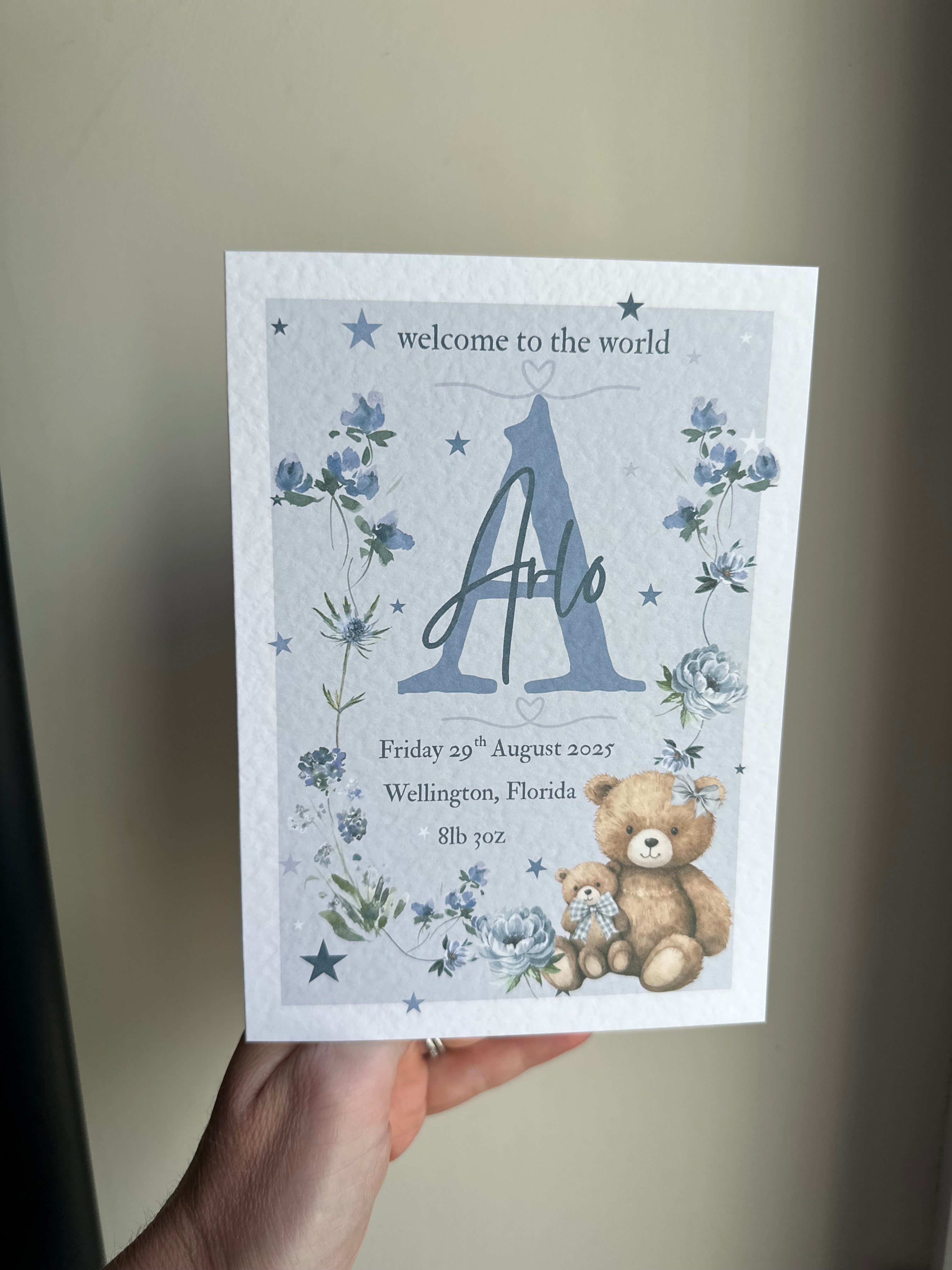Personalised new baby boy birth details card