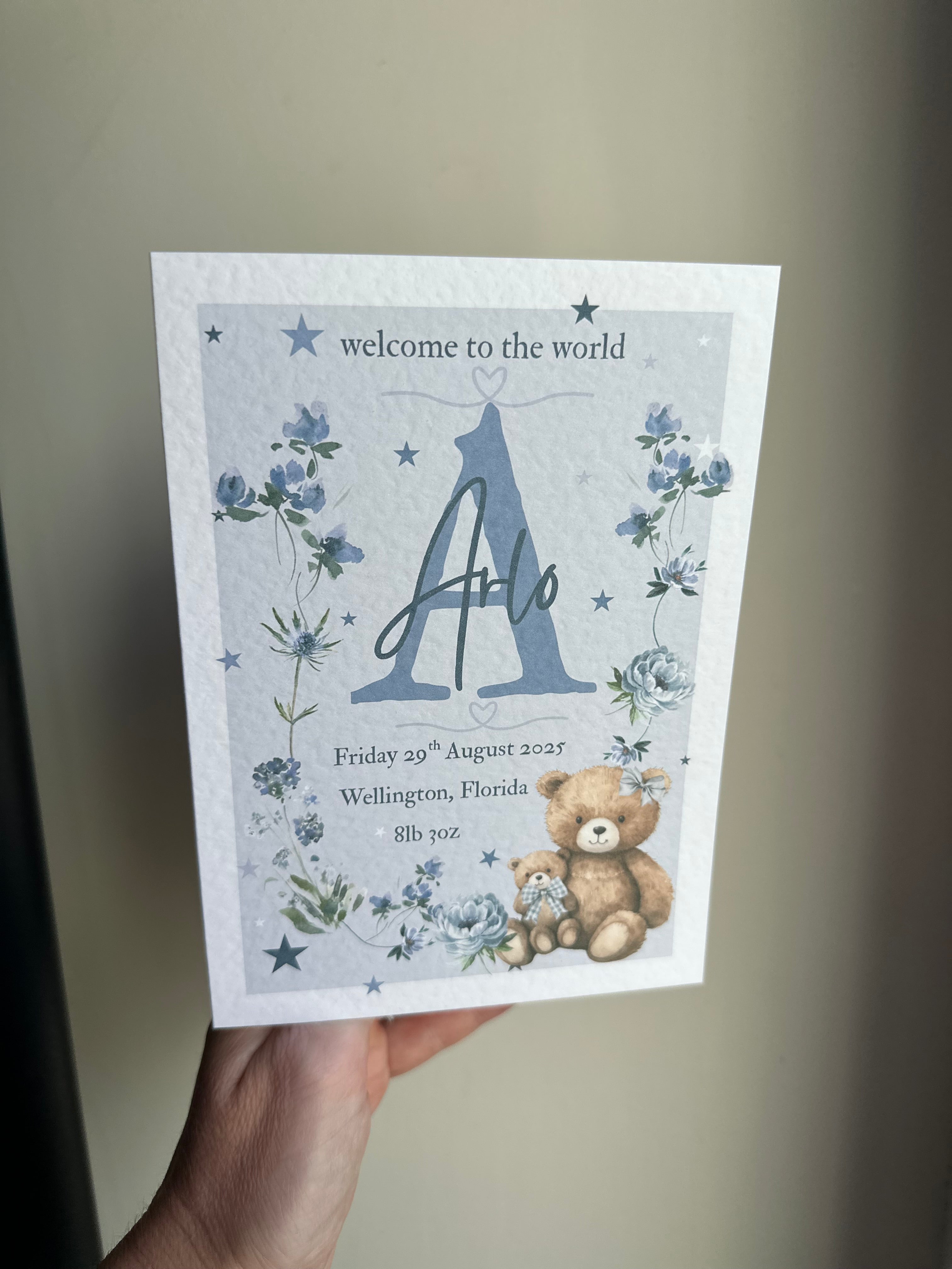 Personalised new baby boy birth details card