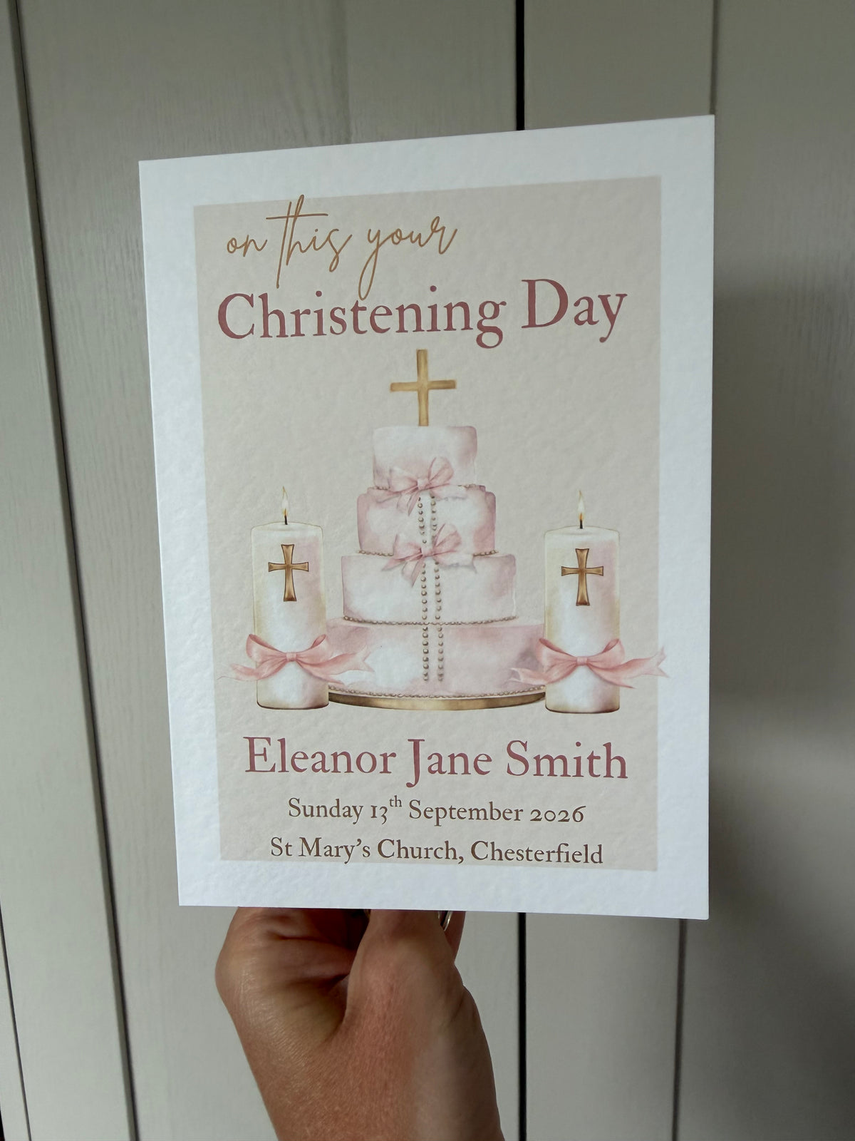 Personalised Christening card in pink